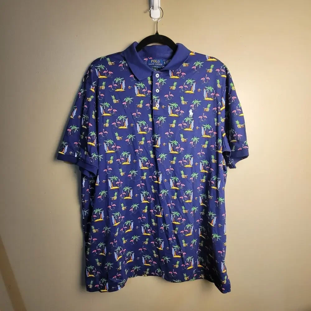 Polo Ralph Lauren Men Classic Soft Cotton Flamingo Hawaiian Graphic Polo Shirts‎